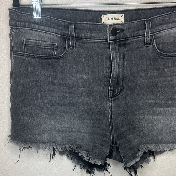 L'AGENCE Audrey Mid-Rise Charcoal Denim Frayed Raw Hem Shorts Vintage Black - 29 - Picture 5 of 13